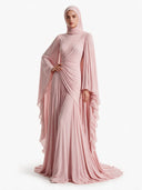 Elegant Pleated High-Neck Cape Sleeve Chiffon Maxi Dress