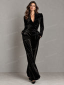 Elegant Velvet Belted Blazer Wide Leg Jumpsuit