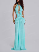 Elegant Rhinestone Halter Cutout Draped Maxi Dress