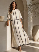 Minimalist Beige Linen Black Piping Midi Dress