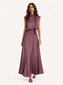 Retro Print Scarf Neck Top & Flowing Maxi Skirt Two-Piece Set
