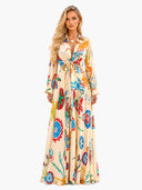 Retro Colorful Floral Print Tie-Front Shirt & Maxi Skirt Two-Piece Set