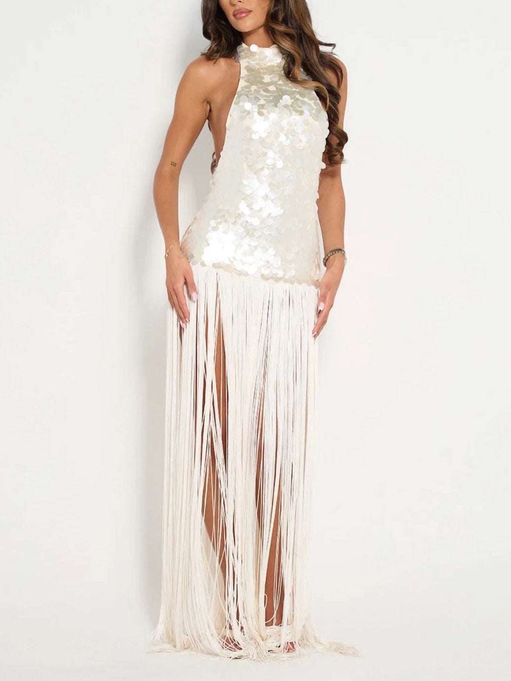 Elegant Sequin Backless Sleeveless Fringe Maxi Dress