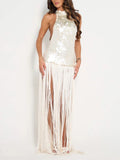 Elegant Sequin Backless Sleeveless Fringe Maxi Dress