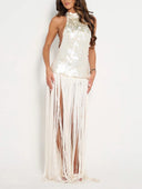 Elegant Sequin Backless Sleeveless Fringe Maxi Dress
