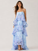 Romantic Floral Ruffle Tiered High-Low Maxi Dress