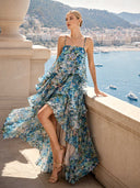Elegant Vibrant Floral Print Tiered Ruffle Maxi Dress
