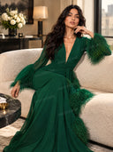 Elegant V-Neck Feather Cuff Chiffon Flowing Party Maxi Dress