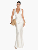 Exquisite Modern Day Glam Satin Lace Trim V-neck Cross Back Maxi Dress