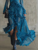 Elegant Ruffle Deep V-Neck Sheer Sleeve Maxi Dress