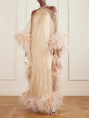 Luxury Sequined Feather Trim Cape Sleeve Maxi Dress