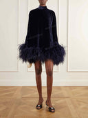 Elegant Mock Neck Feather Trim Velvet Mini Dress
