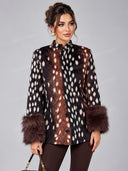Elegant Animal Print Feather Trim Jacket