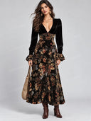 Elegant Floral Velvet Print Sleeve Maxi Dress