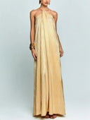 Elegant Halter Metallic Pleated Maxi Dress