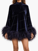 Elegant Mock Neck Feather Trim Velvet Mini Dress