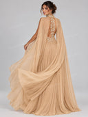 Pleated Cape High Neck Slit Maxi Dress