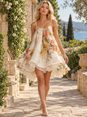 Exquisite Floral Print Organza Lace-Trim Mini Dress