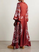 Unique Abstract Peacock Floral Print Flare Sleeve Maxi Dress