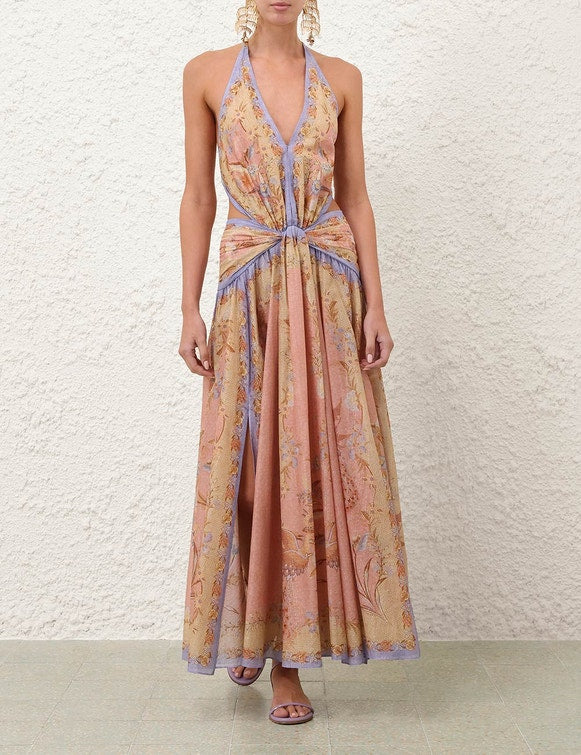 Bohemian Floral Print Deep V-Neck Maxi Dress