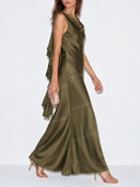 Elegant Satin Draped Cowl Neck Ruffle Maxi Dress