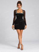 Elegant Crystal-embellished Mesh Sleeve Mini Dress