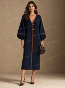 Contrast Stitch Button Front Balloon Sleeve Midi Dress