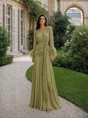 Elegant V-Neck Feather Cuff Flowing Chiffon Maxi Dress