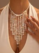 Mother of Pearl Disc Fringe Statement Necklace