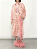 Classic Plaid Loose Shirt & Feather-Trim Skirt Two-Piece Set