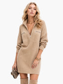 Casual Half-Zip Pocket Knit Sweater Mini Dress