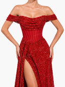 Glamorous Off-Shoulder Sequin Slit Maxi Dress
