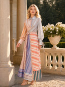 Multicolor Patchwork Stripe Long Sleeve Tie Maxi Shirt Dress