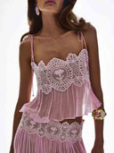 Exquisite Paisley Lace Trim Tie-Front Top Two-Piece Set