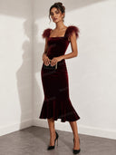 Elegant Feather Trim Velvet Midi Dress