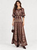 Retro Floral Print Puff Sleeve Maxi Dress