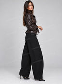 Faux Leather Belted Tailored Jacket
