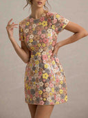 Elegant Floral Sequin Short Sleeve Mini Dress
