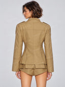 Military Style Peplum Jacket & High Waist Shorts Two Piece Set