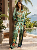 Exotic Jungle Print Zip-Up Shirt & Wide Leg Pants Set