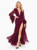 Feather Design Front Slit Maxi Dress
