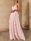 Elegant Spaghetti-Strap Ruffled Pleated Chiffon Maxi Dress