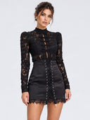 Elegant Lace Top & Lace Up Mini Skirt Two Piece Set