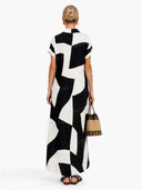 Exquisite Irregular Geometric Print Lapel Single-Breasted Short-Sleeved Maxi Shirt Dress