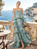 Elegant Vibrant Floral Print Tiered Ruffle Maxi Dress