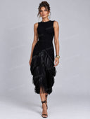Elegant Ribbed Knit Top & Layered Fringe Midi Skirt Set