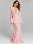 Lace Applique Draped Long Sleeve Maxi Dress