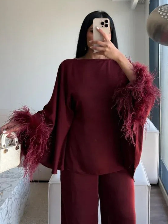 Elegant Feather-Trim Batwing Top & Pants Two-Piece Set