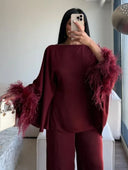 Elegant Feather-Trim Batwing Top & Pants Two-Piece Set
