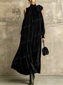 Pleated Velvet Cold Shoulder Floral Maxi Dress